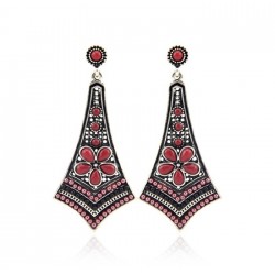 Modern ethnic long Egyptian design earrings with red and black beads and resin